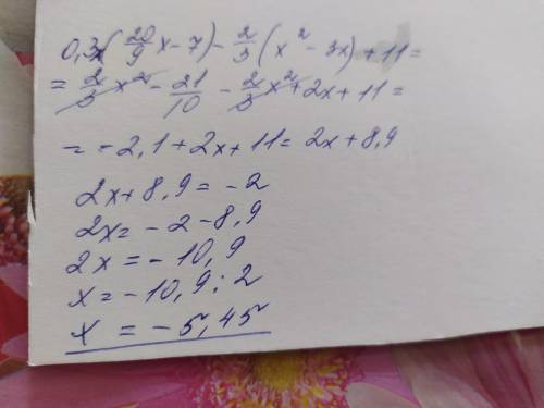 Максимально упростите выражение 0.3x(20/9x-7)-2/3(x во 2 степени -3x)+11При каком значении x упрощён