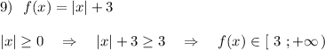 9)\ \ f(x)=|x|+3\\\\|x|\geq 0\ \ \ \Rightarrow \ \ \ |x|+3\geq 3\ \ \ \Rightarrow \ \ \ f(x)\in [\ 3\ ;+\infty \, )