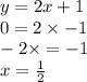 y = 2x + 1 \\ 0 = 2 \times - 1 \\ - 2 \times = - 1 \\ x = \frac{1}{2}