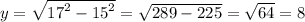 y = \sqrt{ {17}^{2} - {15}^{2} } = \sqrt{289 - 225} = \sqrt{64} = 8