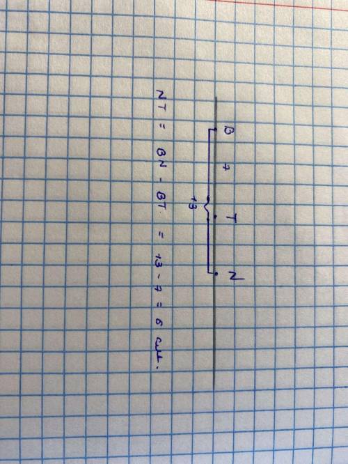 Точки B, T, N лежат на одной прямой. ВТ = 7 см, ВN=13 см. Найдите NT с рисунком)