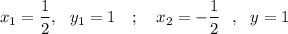 \\\\ \displaystyle x_1=\frac{1}{2} , \ \ y_1=1 \ \ \ ; \ \ \ x_2=-\frac{1}{2} \ \ , \ \ y=1