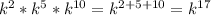 k^{2} *k^{5} *k^{10}=k^{2+5+10}=k^{17}