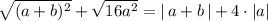 \sqrt{(a+b)^2}+\sqrt{16a^2}=|\, a+b\, |+4\cdot |a|