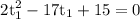 $\rm 2t_1^2-17t_1+15=0