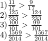 1) \frac{11}{17} \frac{9}{17} \\ 2) \frac{125}{233 } \frac{124}{233} \\ 3) \frac{100}{101} \frac{99}{101} \\ 4) \frac{1569}{2014} \frac{1567}{2014}