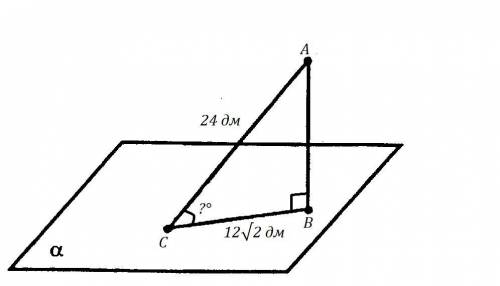 Длина наклонной равна 24 дм, а длина проекции этой наклонной на плоскость равна 12корень из 2 дм. На