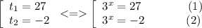 \left[ \begin{array}{l}t_{1} = 27 \\ t_{2} = - 2 \\ \end{array} \right. < = \left[ \begin{array}{l} {3}^{x} = 27 \qquad\qquad(1) \\ {3}^{x}= - 2 \: \: \: \: \: \: \: \qquad(2) \\ \end{array} \right.