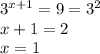 {3}^{x + 1} = 9 = {3}^{2} \\ x + 1 = 2 \\ x = 1