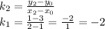 k_2= \frac{y_2-y_0}{x_2-x_0}\\k_1= \frac{1-3}{2-1}=\frac{-2}{1}=-2