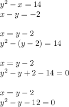 {y}^{2} - x = 14 \\ x - y = - 2 \\ \\ x = y - 2 \\ {y}^{2} - (y - 2) = 14 \\ \\ x = y - 2 \\ {y}^{2} - y + 2 - 14 = 0 \\ \\ x = y - 2 \\ {y}^{2} - y - 12 = 0