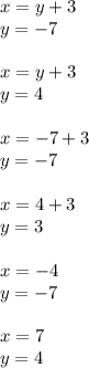 x = y + 3 \\ y = - 7 \\ \\ x = y + 3 \\ y = 4\\ \\ x = - 7 + 3 \\ y = - 7 \\ \\ x = 4 + 3 \\ y = 3 \\ \\ x = - 4 \\ y = - 7 \\ \\ x= 7 \\ y = 4