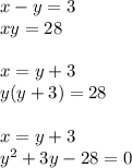 x - y = 3 \\ xy = 28 \\ \\ x = y + 3 \\ y(y + 3) = 28 \\ \\ x = y + 3 \\ {y}^{2} + 3y - 28 = 0