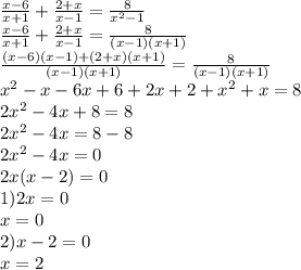 \frac{x - 6}{x + 1} + \frac{2 + x}{x - 1} = \frac{8}{ {x}^{2} - 1} \\ \frac{x - 6}{x + 1} + \frac{2 + x}{x - 1} = \frac{8}{(x - 1)(x + 1)} \\ \frac{(x - 6)(x - 1) + (2 + x)(x + 1)}{(x - 1)(x + 1)} = \frac{8}{(x - 1)(x + 1)} \\ {x}^{2} - x - 6x + 6 + 2x + 2 + {x}^{2} + x = 8 \\ 2 {x}^{2} - 4x + 8 = 8 \\ 2 {x}^{2} - 4x = 8 - 8 \\ 2 {x}^{2} - 4x = 0 \\ 2x(x - 2) = 0 \\ 1)2x = 0 \\ x = 0 \\ 2)x - 2 = 0 \\ x = 2