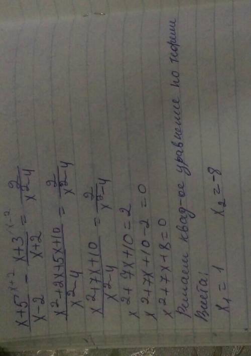 (x + 5)/(x - 2) - (x + 3)/(x + 2) = 2/(x ^ 2 - 4)