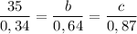 \displaystyle \frac{35}{0,34}=\frac{b}{0,64}=\frac{c}{0,87}