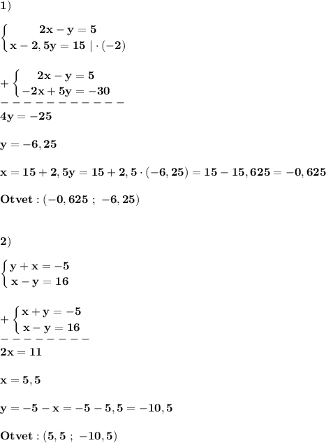 \displaystyle\bf\\1)\\\\\left \{ {{2x-y=5} \atop {x-2,5y=15} \ |\cdot(-2)} \right. \\\\\\+\left \{ {{2x-y=5} \atop {-2x+5y=-30}} \right. \\-----------\\4y=-25\\\\y=-6,25\\\\x=15+2,5y=15+2,5\cdot (-6,25)=15-15,625=-0,625\\\\Otvet:(-0,625 \ ; \ -6,25)\\\\\\2)\\\\\left \{ {{y+x=-5} \atop {x-y=16}} \right. \\\\\\+\left \{ {{x+y=-5} \atop {x-y=16}} \right. \\--------\\2x=11\\\\x=5,5\\\\y=-5-x=-5-5,5=-10,5\\\\Otvet:(5,5 \ ; \ -10,5)