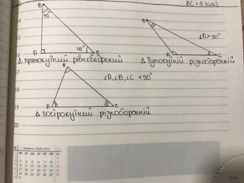 1. Накресли: а) прямокутний рівнобедрений трикутник; б) тупокутний різносторонній трикутник; в) гост