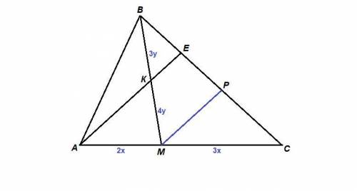 На стороне ac треугольника abc взяли точку m так,что am:cm=2:3. На отрезке BM взяли точку K так,чтоб