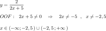 y=\dfrac{2}{2x+5}\\\\OOF:\ \ 2x+5\ne 0\ \ \ \Rightarrow \ \ \ 2x\ne -5\ \ ,\ \ x\ne -2,5\\\\x\in (-\infty ;-2,5\, )\cup (-2,5\, ;+\infty \, )