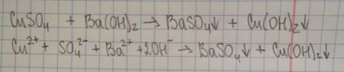 Складіть рівняння у молекулярній, повній і скороченій йонній формі: CuSO, + Ba(OH)₂ →