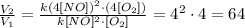 \frac{V_2}{V_1} =\frac{ k(4[NO])^2 \cdot (4[O_2])}{k[NO]^{2} \cdot [O_2]}= 4^2\cdot 4 = 64