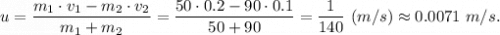 u = \dfrac{m_1\cdot v_1 - m_2 \cdot v_2}{m_1 + m_2} =\dfrac{50\cdot 0.2 - 90 \cdot 0.1}{50+90} = \dfrac{1}{140} ~(m/s) \approx 0.0071~m/s.