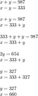 x + y = 987 \\ x - y = 333 \\ \\ x + y = 987 \\ x = 333 + y \\ \\ 333 + y + y = 987 \\ x = 333 + y \\ \\ 2y = 654 \\ x = 333 + y \\ \\ y = 327\\ x = 333 + 327 \\ \\ y = 327\\ x = 660