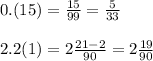 0.(15) = \frac{15}{99} = \frac{5}{33} \\ \\ 2.2(1) = 2 \frac{21 - 2}{90} = 2 \frac{19}{90}