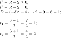 t^{2} -3t+2\geq 0;\\t^{2} -3t+2=0;\\D=(-3)^{2} -4\cdot1\cdot2=9-8=1;\\\\t{_1}= \dfrac{3-1}{2} =\dfrac{2}{2}=1; \\\\t{_2}= \dfrac{3+1}{2} =\dfrac{4}{2}=2