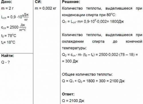 №7 Какое количество теплоты выделяется при превращении паров спирта в жидкость и её охлаждении до 18