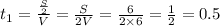 t_{1} = \frac{\frac{S}{2} }{V} = \frac{S}{2V} = \frac{6}{2 \times 6} = \frac{1}{2} = 0.5