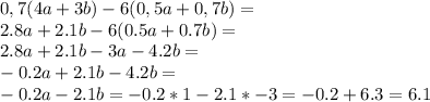 0,7(4a + 3b) - 6(0,5a +0,7b)=\\2.8a+2.1b-6(0.5a+0.7b)=\\2.8a+2.1b-3a-4.2b=\\-0.2a+2.1b-4.2b=\\-0.2a-2.1b=-0.2*1-2.1*-3=-0.2+6.3=6.1