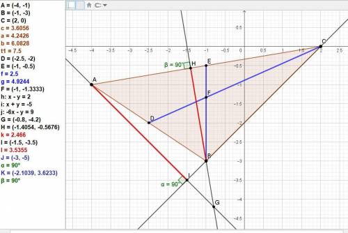 Знайти точки перетину медіан і висот трикутника якщо дано його висоти з координатами A(-4;-1) B(-1;-