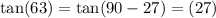 \tan(63) = \tan(90 - 27) = \ctg(27)