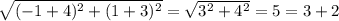 \sqrt{(-1+4)^2+(1+3)^2}=\sqrt{3^2+4^2}=5=3+2