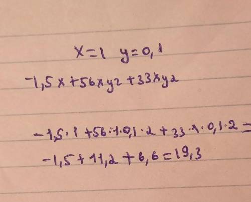 Найди значение многочлена −1,5x+56xy2+33xy2, если x=1 и y=0,1. Значение многочлена равно .