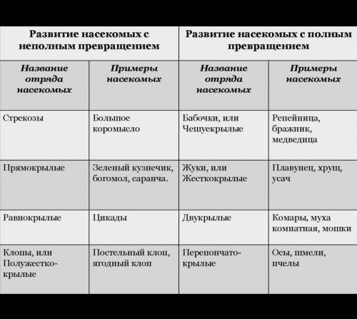 Таблица по биологи 7 класс Отряд. тип развития.особенности.представителитема: типы развития насекомы