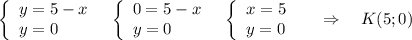 \left\{\begin{array}{l}y=5-x\\y=0\end{array}\right\ \ \left\{\begin{array}{l}0=5-x\\y=0\end{array}\right\ \ \left\{\begin{array}{l}x=5\\y=0\end{array}\right\ \ \ \ \Rightarrow \ \ \ K(5;0)