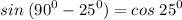 \displaystyle sin\;(90^0-25^0)=cos\;25^0