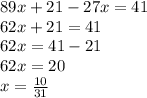 89x + 21 - 27x = 41 \\ 62x + 21 = 41 \\ 62x = 41 - 21 \\ 62x = 20 \\ x = \frac{10}{31}