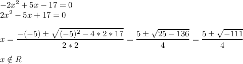 \displaystyle -2x^2+5x-17=0\\2x^2-5x+17=0\\\\ x=\frac{-(-5)б\sqrt{(-5)^2-4*2*17} }{2*2}=\frac{5б\sqrt{25-136} }{4}=\frac{5б\sqrt{-111} }{4}\\\\ x \notin R