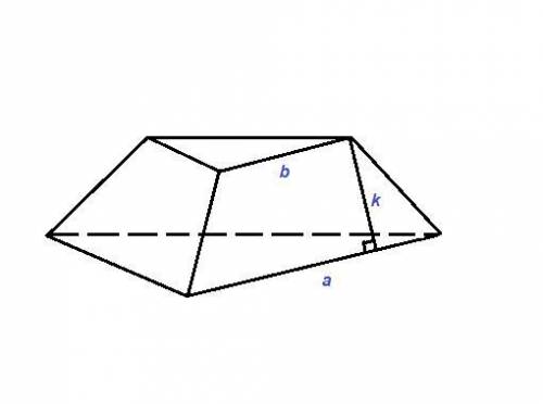 в правильной усеченной треугольной пирамиде сторона большего основания равны а и б. апофема равна к.