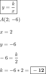 \displaystyle \boxed{ y=\frac{k}{x}}\\\\A(2;\:-6)\\\\x = 2\\\\y=-6\\\\-6=\frac{k}{2} \\\\k=-6*2=\boxed{\bf -12}