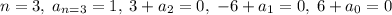 n=3,\;a_{n=3}=1,\; 3+a_{2} = 0,\; -6+a_{1}=0,\;6+a_{0}=0