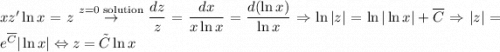 xz'\ln x = z\stackrel{z=0\text{ solution}}{\to} \dfrac{dz}{z}=\dfrac{dx}{x\ln x} = \dfrac{d(\ln x)}{\ln x} \Rightarrow \ln|z| = \ln|\ln x|+\overline{C}\Rightarrow |z| = e^{\overline{C}}|\ln x| \Leftrightarrow z = \tilde{C}\ln x