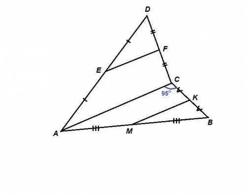 Трикутники abc і adc не лежать в одній площині. точки e, f, m, k - середини відповідно відрізків ad,