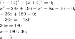 (x-14) ^{2} -(x+4) ^{2}=0;\\x^{2} -28x+196-x^{2} -8x-16=0;\\-36x+180=0;\\-36x=-180;\\36x=180;\\x=180:36;\\x=5