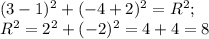 (3-1)^{2} +(-4+2)}^{2} =R^{2} ;\\R^{2} =2^{2} +(-2)^{2} =4+4=8