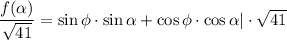 \dfrac{f(\alpha )}{\sqrt{41} } = \sin \phi \cdot \sin \alpha + \cos \phi \cdot \cos \alpha | \cdot \sqrt{41}